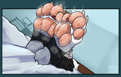 4_toes anthro balls bed bedroom between_toes bodily_fluids claws clothing cum duo extreme_size_difference feet foot_fetish foot_focus foot_play footwear furniture genital_fluids genitals male male/male micro pawpads paws penis size_difference socks stirrup_legwear stirrup_socks sweat sweaty_feet toe_claws toes neonfragment hi_res