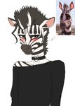 anthro black_clothing blush brown_eyes choker clothing femboy jewelry looking_at_viewer male necklace slim smile solo striped_body stripes qunteki khumba_(film) khumba equid equine mammal zebra