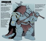 anthro armor hammer headgear helmet holding_object horn male melee_weapon simple_background solo tail text tools warhammer weapon corrsk mythology dragon mythological_creature mythological_scalie scalie digital_media_(artwork) english_text hi_res