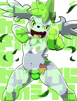 anthro clothed clothing fangs fur gesture green_body green_eyes green_fur half-closed_eyes hand_gesture hand_on_chest leaf looking_at_viewer male narrowed_eyes navel nipples open_mouth pointing pointing_at_viewer simple_background smug solo tail teeth text tongue underwear underwear_only white_background white_body white_fur moesouna_gomi nintendo pokemon generation_4_pokemon legendary_pokemon pokemon_(species) shaymin sky_forme_shaymin 2022 hi_res japanese_text translated