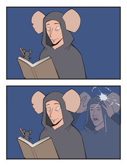 2_panel_comic 5_fingers ambiguous_feral ambiguous_gender book border buckteeth clothed clothed_human clothed_male clothing dot_pupils eyebrows feral fingers grey_body grey_clothing holding_object holding_pencil male male_human mind_blown mouth_closed narrowed_eyes open_book open_mouth pencil_(object) realization simple_background teeth tongue white_border bonnymama7 tim_and_eric_awesome_show_great_job! daisy_(bonnymama7) sneach_(bonnymama7) human mammal rodent 2025 comic digital_media_(artwork) meme