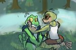 3_toes 4_toes 5_fingers anthro blush clothed clothing duo feet femboy fingers hand_on_cheek male male/male nervous nervous_smile outside river toes ceto_zofumee_(artist) amphibian frog 3:2 digital_media_(artwork)