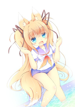 blonde_hair blue_eyes clothing fangs female fox_tail hair long_hair looking_at_viewer open_mouth pigtails poolside ribbons school_uniform simple_background sitting smile solo swimming_pool teeth uniform water white_background kt_cano animal_humanoid canid canid_humanoid canine canine_humanoid fox fox_humanoid humanoid mammal mammal_humanoid hi_res