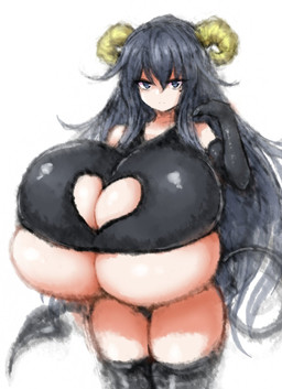 big_breasts black_eyes black_hair breasts cleavage_cutout cutout female frown hair horn huge_breasts hyper hyper_breasts looking_at_viewer simple_background solo spade_tail standing tail thick_thighs under_boob 2b-ge demon demon_humanoid horned_humanoid humanoid character_request hi_res