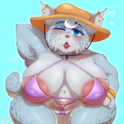 anthro areola armpit_hair big_areola big_breasts bikini bodily_fluids body_hair bracelet breasts camel_toe clitoris_outline clothing ear_piercing elderly elderly_female female happy_trail hat headgear headwear jewelry lipstick makeup mature_anthro mature_female montgomery_glands overweight overweight_female piercing pubes ring solo sweat swimwear thick_thighs two-piece_swimsuit highoncoffee felid feline lynx mammal 1:1 absurd_res hi_res