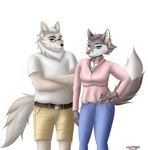 anthro blouse bottomwear brown_body brown_fur clothing curvy_figure denim denim_bottomwear denim_clothing dress duo elderly female fur grey_body grey_fur jeans male male/female pants short topwear lucareelo amorous fan_character canid canine canis fox mammal wolf absurd_res hi_res shaded soft_shading father_(lore) mother_(lore) parent_(lore)