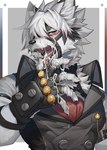 after_oral anthro blush bodily_fluids clothing cum cum_in_mouth cum_inside cum_on_face cum_on_hand fingerless_gloves fur genital_fluids gloves hair handwear male red_eyes shirt solo topwear vest white_body white_fur white_hair ty_arashi mihoyo zenless_zone_zero von_lycaon canid canine canis mammal wolf absurd_res hi_res