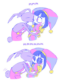 anthro black_hair blue_clothing blue_eyes blue_gloves blue_handwear blush blush_stickers closed_smile clothing duo ears_back eyelashes eyes_closed fool's_hat fur gloves hair handwear hat headgear headwear hug jester jester_outfit kissing kissing_cheek long_ears motion_lines mouth_closed multicolored_eyes open_mouth open_smile overalls overalls_only pink_clothing pink_overalls pivoted_ears purple_body purple_fur purple_tail red_clothing red_eyes red_gloves red_handwear scut_tail short_hair short_tail simple_background smile tail tail_motion tailwag text two_tone_eyes white_background white_body white_skin yellow_clothing yellow_gloves yellow_handwear chergeegee glitch_productions the_amazing_digital_circus jax_(tadc) pomni_(tadc) humanoid lagomorph leporid mammal rabbit english_text hi_res