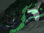 abs all_fours anthro back_muscles bald bed bed_sheet bedding biceps big_bulge biped black_eyes blush blush_lines bodily_fluids briefs briefs_only bulge clothed clothing duo empty_eyes erection erection_under_clothing fingers fist french_kissing frottage frottage_through_clothing furniture genital_fluids green_body grey_body grey_briefs grey_clothing grey_underwear heart_symbol humanoid_on_humanoid kissing light lying machine male male/male metallic_body moan muscular muscular_humanoid muscular_male not_furry on_back on_bed pattern_briefs pecs penile pinned precum saliva sex text topless topless_anthro topless_male two_tone_briefs underwear underwear_only white_briefs white_clothing white_eyes white_text white_underwear kogito cyberpunk_(ttrpg) android full_body_conversion humanoid iec_wingman noveltech_samson robot robot_humanoid absurd_res english_text hi_res lighting shaded