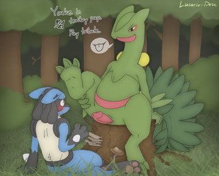 animal_genitalia anthro blush demanding_oral dominant duo feet foot_focus forest forest_background genital_slit genitals male male/male nature nature_background paws penis plant sitting territorial tree lucario-desu nintendo pokemon generation_3_pokemon generation_4_pokemon lucario pokemon_(species) sceptile hi_res