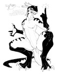 anthro biped black_body crouching fangs female genitals open_mouth pussy simple_background solo teeth white_background bebebebebe lizard reptile scalie hi_res monochrome