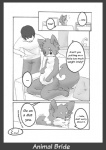 animal_bride animal_bride_1 anthro belly big_belly black_and_white blush canid canine canis chest_tuft clothed clothing comic dialogue domestic_dog duo english_text female fur hi_res human male mammal monochrome nude oblivious pregnant pregnant_female simple_background tail text translated tuft yojigen