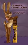 anthro breasts brown_body brown_eyes brown_fur candy candy_bar chocolate dessert female flat_chested food food_fetish food_play fur looking_at_viewer mascot neck_bow nipples nude smile solo text furnut cadbury cadbury_bunny lagomorph leporid mammal rabbit 2017 absurd_res english_text hi_res