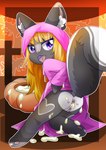 anthro anus blonde_hair bodily_fluids bottomless butt clothed clothing cum cum_on_butt cum_on_leg female food fruit genital_fluids genitals hair holidays loli looking_at_viewer looking_back open_mouth plant presenting presenting_hindquarters pumpkin purple_eyes pussy solo young young_anthro vio023 halloween lolly_(butterscotchlollipop) mammal mephitid skunk absurd_res hi_res