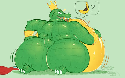 anthro banana belly big_belly big_butt bracelet butt cape clothing clothing_aside crown crown_only food fruit gold_(metal) gold_bracelet gold_jewelry green_background green_body green_scales hand_on_belly headgear headgear_only huge_belly jewelry kneeling looking_at_viewer looking_back looking_back_at_viewer male nude obese obese_male open_mouth overweight overweight_anthro overweight_male pink_tongue plant scales sharp_teeth simple_background solo speech_bubble teeth thick_thighs tongue crestdraggy donkey_kong_(series) nintendo king_k._rool crocodile crocodilian reptile scalie 16:10 absurd_res hi_res widescreen