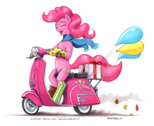 airborne_leaf airborne_object balloon clothing cutie_mark driving eyes_closed female feral footwear fur gift hair headlight inflatable leaf legwear motor_scooter motorcycle pink_body pink_fur pink_hair scarf simple_background socks solo straddling vehicle white_background baron_engel friendship_is_magic hasbro my_little_pony pinkie_pie_(mlp) earth_pony equid equine horse mammal pony 2011 traditional_media_(artwork)