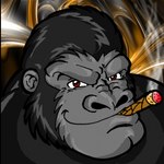 abstract_background anthro black_body black_fur cigar cigar_in_mouth cigar_smoke face_focus fur grey_body grey_skin looking_at_viewer male object_in_mouth red_eyes smile smiling_at_viewer smirk smirking_at_viewer smoke smoking solo dan_the_bear gor_(tomcat) ape gorilla haplorhine mammal primate 1:1 2008 portrait