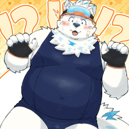 anthro belly blush bulge clothing embarrassed fingerless_gloves fur gloves handwear hat headgear headwear kemono male navel_outline one-piece_swimsuit overweight school_swimsuit solo swimwear visor_cap white_body white_fur yaki_atsuage lifewonders live_a_hero yohack canid canine canis domestic_dog mammal nordic_sled_dog samoyed spitz 1:1 hi_res