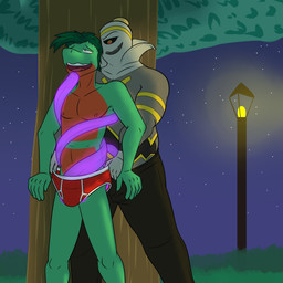 anthro aroused bottomwear clothed clothing duo glowing_light grope groping_crotch groping_from_behind imminent_sex light male male/male male_underwear night nipples outside pants plant shrub sky standing star starry_sky street_lamp tentacles tree underwear underwear_grab underwear_only fuze nintendo pokemon dusknoir generation_3_pokemon generation_4_pokemon grovyle pokemon_(species) 1:1 hi_res lighting