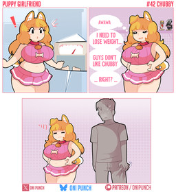 belly_grab big_breasts bodily_fluids bottomwear breasts clothing collar_tag dot_eyes duo exclamation_point eyelashes faceless_character faceless_human faceless_male female figurine hair heart_collar_tag huge_breasts long_hair looking_at_another male midriff miniskirt navel nervous nervous_sweat pink_bottomwear pink_clothing pink_skirt sad shelf simple_eyes skirt standing sweat tail text weight_bench weight_conscious onigiri_punch tsukihime type-moon neco-arc animal_humanoid canid canid_humanoid canine canine_humanoid dog_humanoid human humanoid mammal mammal_humanoid absurd_res artist_name comic english_text hi_res