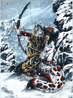 aiming_bow aiming_weapon anthro armor arrow_(weapon) black_body black_fur black_hair bow_(weapon) clothed clothing fully_clothed fur gesso_(artwork) grey_body grey_eyes grey_fur hair kneeling leopard_spots long_hair male mountain quiver_(object) ranged_weapon red_body red_fur rock sky snow snowing solo spots weapon white_body white_fur winter heather_bruton microsoft the_elder_scrolls jo'reysha umbrose felid khajiit mammal pantherine snow_leopard 2024 absurd_res acrylic_painting_(artwork) colored_pencil_(artwork) hi_res painting_(artwork) traditional_media_(artwork) traditional_painting_(artwork)