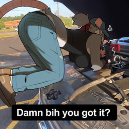 anthro ass_up baseball_cap big_breasts big_butt bottomwear breasts butt car_hood clothed clothed_female clothing denim denim_bottomwear denim_clothing female footwear fully_clothed fully_clothed_female fur grey_body grey_fur grey_hair hair hairless_tail hat headgear headwear jeans mechanic pants photo_background shirt shoes solo tank_top text topwear underwear 00niine jessie_(00niine) american_opossum mammal marsupial 1:1 draw_over english_text mixed_media photography_(artwork)