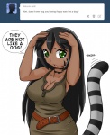 ask_blog big_breasts black_hair black_stripes breasts cat_tail cleavage clothed clothing dress facial_markings female green_eyes hair head_markings long_hair markings open_mouth solo stripes text nekonny caribbean_blue kimi_(caribbean_blue) animal_humanoid cat_humanoid domestic_cat felid felid_humanoid feline feline_humanoid felis human humanoid mammal mammal_humanoid english_text