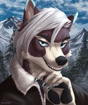 ambiguous_gender anthro blue_claws blue_eyes brown_body brown_fur canid canine canis claws cloud day fur hair hi_res male_(lore) mammal mountain open_mouth outside plant portrait seraphim_(artist) seraphimka_(artist) solo tongue tree white_body white_fur white_hair wolf