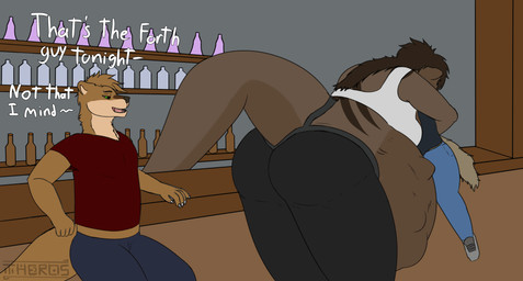 abdominal_bulge anthro bar big_butt bottle bottomwear brown_body brown_fur butt clothing container denim denim_bottomwear denim_clothing dialogue digestion female female_pred forced fur glass glass_container group implied_fatal jeans larger_female looking_at_another looking_at_butt male multiple_prey oral_vore pants shirt size_difference smaller_male tail thick_thighs topwear trio unwilling_prey vore theros_(artist) kalani_(theros_felxak) makoa_(theros_felxak) mammal mustelid otter absurd_res hi_res