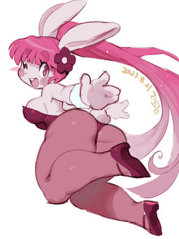 accessory anthro blush blush_stickers breasts buckteeth bunny_costume butt clothing costume eyelashes female flower flower_in_hair footwear hair hair_accessory high_heels legwear one_eye_closed open_mouth pantyhose pink_clothing pink_eyes plant shirt_cuffs shoes side_boob simple_background solo teeth white_background sanjiro chao_pyon_pyon lagomorph leporid mammal rabbit 2023 3:4 dated hi_res