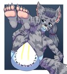 abdl ageplay anthro blue_background blue_diaper blue_eyes cheek_tuft clothed clothing diaper facial_tuft fur glistening glistening_eyes grey_body grey_fur grey_hair grey_tail hair infantilism long_hair looking_at_viewer lying male on_back pacifier roleplay simple_background solo tail tuft wearing_diaper white_diaper riddlr mordecai_strand felid mammal absurd_res hi_res