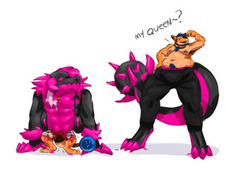anthro black_body bottom_swap clothing dialogue duo flirting gold_(metal) gold_jewelry jewelry magenta_body modular overweight ruffleztheampharos scar size_difference spikeball_tail yellow_body suchlambada17 nintendo pokemon neeco_neecoola ampharos generation_2_pokemon goo_creature hybrid pokemon_(species) 4:3 hi_res