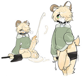 anthro balls big_balls big_penis blonde_hair blush bodily_fluids bottomwear brown_body brown_fur clothing collar cum cum_pool ejaculation erection femboy flaccid fluffy_penis foreskin fur genital_fluids genitals green_eyes hair hair_over_eye hoodie humanoid_genitalia humanoid_penis hung_femboy male masturbation multicolored_body multicolored_fur penis short_hair short_tail shorts solo tail topwear undressing white_body white_fur yellow_body yellow_fur shiyaa_stuff canid canine canis domestic_dog mammal hi_res
