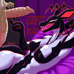 anthro balls bandage bed black_body bodily_fluids breasts claws duo erection featureless_breasts female furniture genital_fluids genitals glowing holding_penis horn humanoid_genitalia humanoid_penis looking_at_genitalia looking_at_penis male male/female markings nipple_outline nude penis scar sharp_teeth simple_background smile teeth text dhalek infernadise_(retrospecter) mythology dhalek_(dhalek) nightflaid_(retrospecter) the_wanderer_(dhalek) canid canine canis demon humanoid jackal mammal 1:1 absurd_res digital_media_(artwork) english_text hi_res