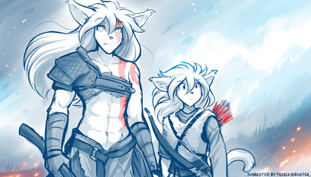 abs ambiguous_gender anthro armor belt bodypaint bow_(weapon) clothed clothing cosplay duo female fire holding_object holding_weapon markings midriff muscular muscular_female navel pauldron ranged_weapon topwear vest weapon wind conditional_dnp tom_fischbach god_of_war sony_corporation sony_interactive_entertainment twokinds king_adelaide madelyn_adelaide basitin mammal 2022 7:4 adobe_photoshop_(artwork) digital_media_(artwork) hi_res monochrome sketch spot_color daughter_(lore) mother_(lore) mother_and_child_(lore) mother_and_daughter_(lore) parent_(lore) parent_and_child_(lore) parent_and_daughter_(lore)
