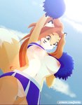 2022 2d_animation animated anthro bottomwear breasts butt butt_from_the_front canid canine cheerleader clothed clothing cloud eipril elisabeth_(eipril) english_text exposed exposed_breasts female fox fur genitals hair innie_pussy long_hair mammal mostly_nude nipples no_underwear pom_poms pussy short_playtime skirt sky solo text topwear under_boob upshirt upskirt