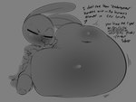 4:3 absurd_res anthro anthro_pred areola belly big_areola big_belly blush breasts burping clothed clothing dialogue digital_media_(artwork) disney english_text eyes_closed female female_anthro female_pred finger_in_mouth fully_inside greyscale hi_res huge_belly human human_prey hyper hyper_belly judy_hopps kneeling lagomorph larger_prey leporid mammal medium_breasts monochrome oral_vore rabbit size_difference smaller_pred solo talking_to_prey text theboogie topless unseen_prey vore zootopia
