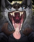 4:5 acidic ambiguous_gender ambiguous_pov ambiguous_prey ambiguous_species anthro blue_eyes bodily_fluids brown_body canid cheek_tuft conditional_dnp detailed disembodied_hand duo facial_tuft fangs first_person_view front_view fur grey_body grey_fur head_tuft hi_res holding_another imminent_vore male male_pred mammal mostly_offscreen_character mouth_shot open_mouth pink_tongue saliva saliva_on_tongue saliva_string teeth tongue tongue_out tuft
