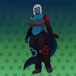 abs amber_eyes anthro big_breasts blue_body boots breasts clothing facial_markings female footwear gloves hair handwear head_markings keruchxn_(kmakesshit) markings multicolored_hair muscular muscular_female oversized_clothing pattern_clothing purple_markings red_and_blue shoes smile smiling_at_viewer solo tail teal_tail thick_tail thick_thighs fossil_fighters nintendo dinea_nota_(nickzilla) alien animal_humanoid dinaurian dinosaur humanoid prehistoric_species reptile reptile_humanoid scalie scalie_humanoid 1:1
