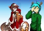 anthro big_breasts black_spots blue_eyes blue_hair bottomless breasts brown_hair butt canid canine christmas christmas_clothing christmas_headwear clothed clothing conditional_dnp costume countershading digital_media_(artwork) face_in_breasts facepalm felid female flora_(twokinds) fur gloom_lines gradient_background grey_body grey_fur group hair hat head_between_breasts headgear headwear holidays holly_(plant) human hybrid iconography kathrin_vaughan keidran kissing_bough long_hair male mammal mistletoe multicolored_body multicolored_fur orange_body orange_fur pantherine plant santa_costume santa_hat simple_background spots standing stripes sweater tail tiger tom_fischbach topwear trace_legacy trio two_tone_body two_tone_fur twokinds white_body white_fur