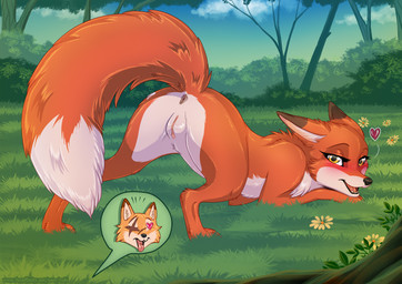 anus ass_up belly black_nose butt chibi clitoral_hood clitoris dipstick_ears dipstick_tail duo ear_markings excited eye_scar eyebrows facial_scar female feral forest fur genitals grass heart_eyes heart_symbol humanoid_genitalia humanoid_genitalia_on_feral humanoid_vulva humanoid_vulva_on_feral in_heat looking_at_viewer looking_back male male/female markings missing_eye multicolored_ears multicolored_tail nature nature_background open_mouth outside paws plant presenting presenting_hindquarters red_body red_fur scar smile surprised tail tail_markings tongue tongue_out tree vulva yellow_eyes rukifox abby_(rukifox) rick_(rukifox) canid canine fox mammal red_fox true_fox
