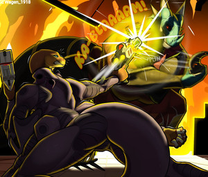 4_arms 5_fingers action_scene all_fours bared_teeth blue_eyes blue_horn brown_body brown_fur detailed_background double_barrel_shotgun duo exclamation_point eye_contact eyelashes female fingers fur gun holding_gun holding_object holding_ranged_weapon holding_shotgun holding_weapon horn looking_at_another multi_arm multi_limb multicolored_body multicolored_scales onomatopoeia ranged_weapon rear_view red_eyes scales shooting_gun shotgun sound_effects tail teeth text two_tone_body two_tone_scales weapon wearing_armor whiskers white_body white_horn white_scales wagen_1918 paenitentia musna_aemiliana sanestra_lysimacha alien balhannur speleurgan 2025 artist_name digital_media_(artwork) signature