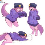 ambiguous_gender anthro biped blush bottomless clothed clothing fur hat headgear headwear open_mouth open_smile oversized_clothing pink_body pink_fur smile solo tail jarnqk robin_(jarnqk) mammal mustelid musteline true_musteline 1:1 hi_res