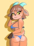 anthro bikini bikini_bottom bikini_top blue_horn breasts brown_body brown_eyes brown_fur brown_hair butt clothed clothing female fur hair hand_on_face hoof_hands horn rear_view side_boob solo swimwear two-piece_swimsuit yellow_sclera nojimmyplz animal_crossing nintendo pashmina_(animal_crossing) bovid caprine goat mammal hi_res portrait three-quarter_portrait