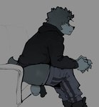 anthro balls biped black_penis clothing flaccid fur genitals grey_body grey_fur heavy_penis hoodie male penis penis_tuck side_view sitting solo topwear goonie-san goon_(goonie_san) canid canine canis domestic_dog mammal hi_res