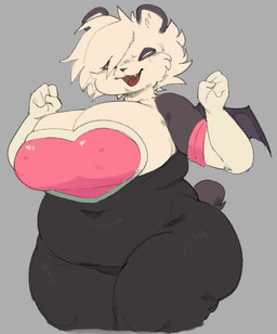 anthro armwear belly big_breasts big_butt bodysuit breasts butt cleavage clothed clothing cute_fangs elbow_gloves fangs female gloves grey_background hair handwear huge_breasts navel open_mouth simple_background skinsuit slightly_chubby slightly_chubby_anthro slightly_chubby_female solo tail teeth thick_thighs tight_clothing white_hair wings graev sega sonic_the_hedgehog_(series) panda_(ballsnecrosis) rouge_the_bat bear giant_panda mammal