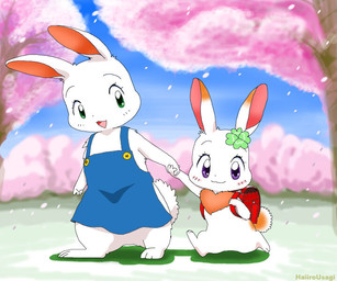 anthro apron backpack blush chest_tuft clothing clover_(plant) duo eyelashes female fur green_eyes heart_symbol japanese looking_at_viewer mature_anthro mature_female open_mouth orange_body orange_fur outside plant purple_eyes randoseru shamrock short_fur size_difference sky tree tuft walking haiiro_usagi happy_happy_clover sayuri_tatsuyama clover's_mother_(happy_happy_clover) clover_(happy_happy_clover) lagomorph leporid mammal rabbit 6:5 daughter_(lore) mother_(lore) mother_and_child_(lore) mother_and_daughter_(lore) parent_(lore) parent_and_child_(lore) parent_and_daughter_(lore)