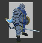 anthro barazoku black_body black_fur fur humanoid_hands male melee_weapon shield simple_background solo sword weapon white_body white_fur neiiio animal_crossing nintendo rolf_(animal_crossing) felid mammal pantherine tiger 2020