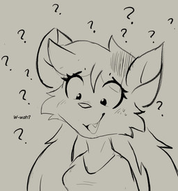 anthro awkward bodily_fluids breasts clothed clothed_anthro clothed_female clothing confusion crop_top dialogue eyelashes fangs female fully_clothed fully_clothed_anthro fully_clothed_female question_mark shirt solo sweat sweatdrop teeth text topwear twintails_(hairstyle) muhny chloe_(muhny) domestic_cat felid feline felis mammal english_text sketch