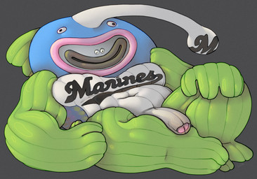 anthro belly blue_head bone dark_grey_lips green_arms green_legs happy lips lying_on_ground male mascot muscular muscular_male on_ground pecs pink_lips silly_face simple_background skeleton slightly_chubby slightly_chubby_male small_eyes smile solo white_belly ravuer chiba_lotte_marines mysterious_fish nazo_no_sakana anglerfish aquatic fish hi_res
